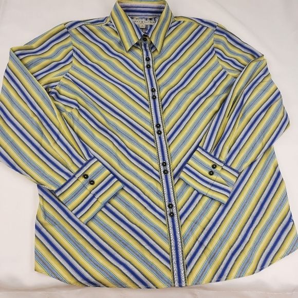 Tommy Hilfiger blouse womens 16 cotton double button diagonal stripe blue yellow - Picture 1 of 16